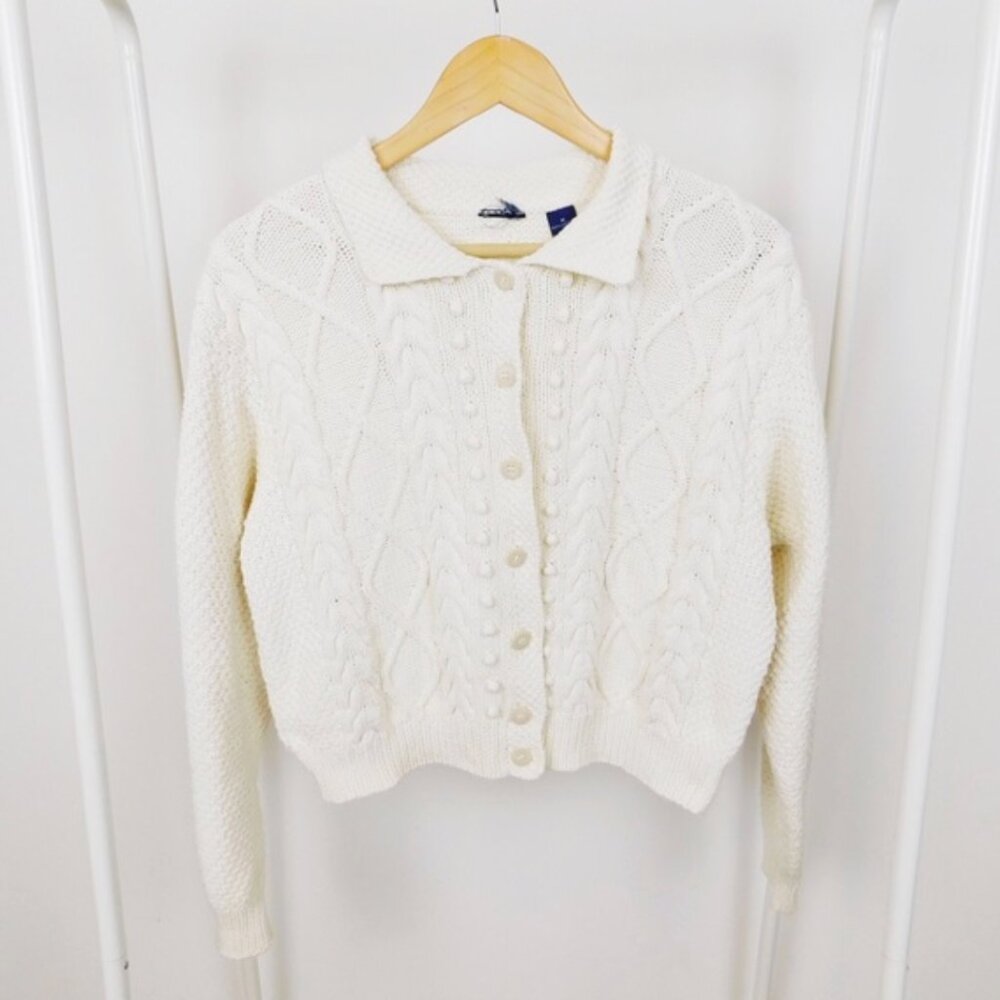 Vintage Cream Cable Knit Collared Cotton Cardigan / M